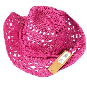 Steve Madden Pink Cowboy Hat Raffia Crochet Western Country Festival Rodeo OSFA